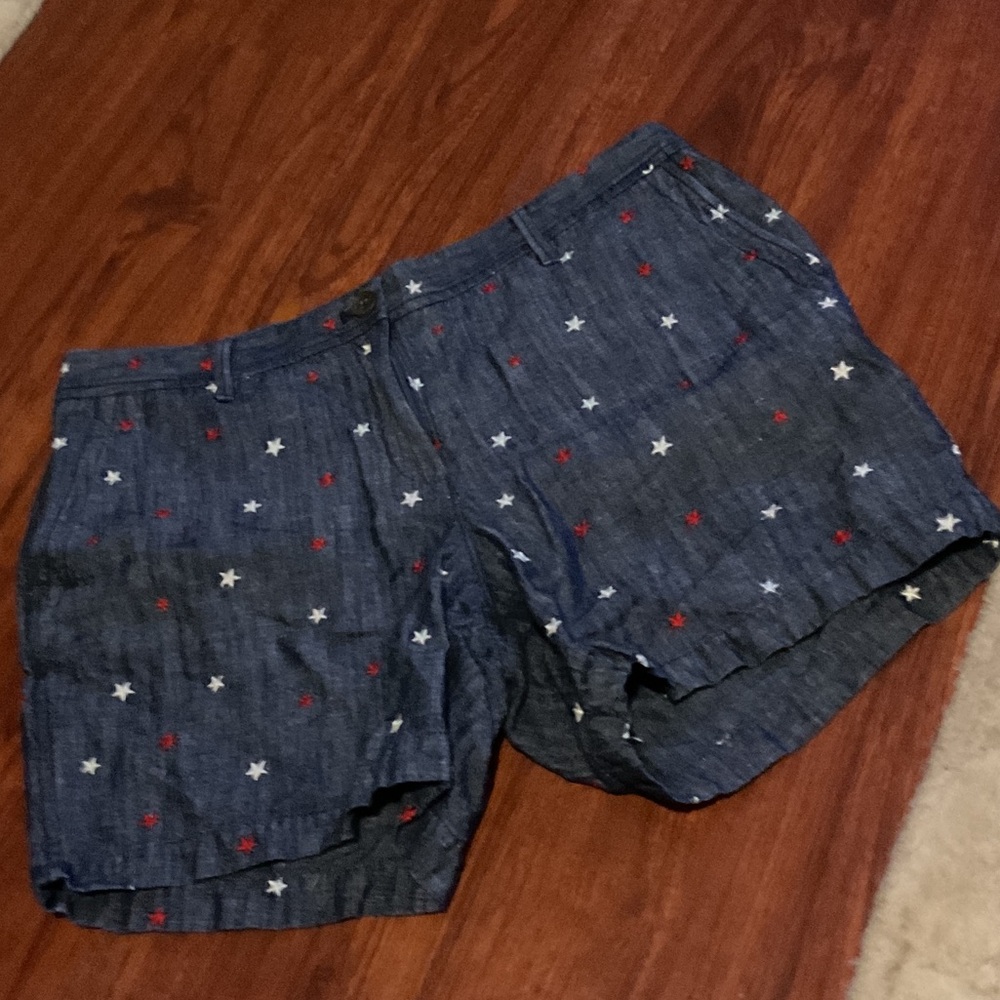 Talbots Denim Blue Relaxed Chino linen blend Shorts w red & white stars size 12P